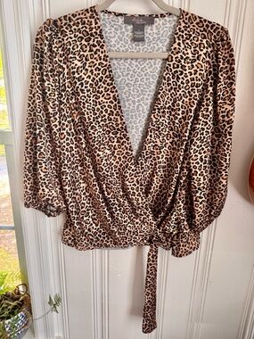 Olivia & Martin Leopard Print Wrap Blouse in Tan